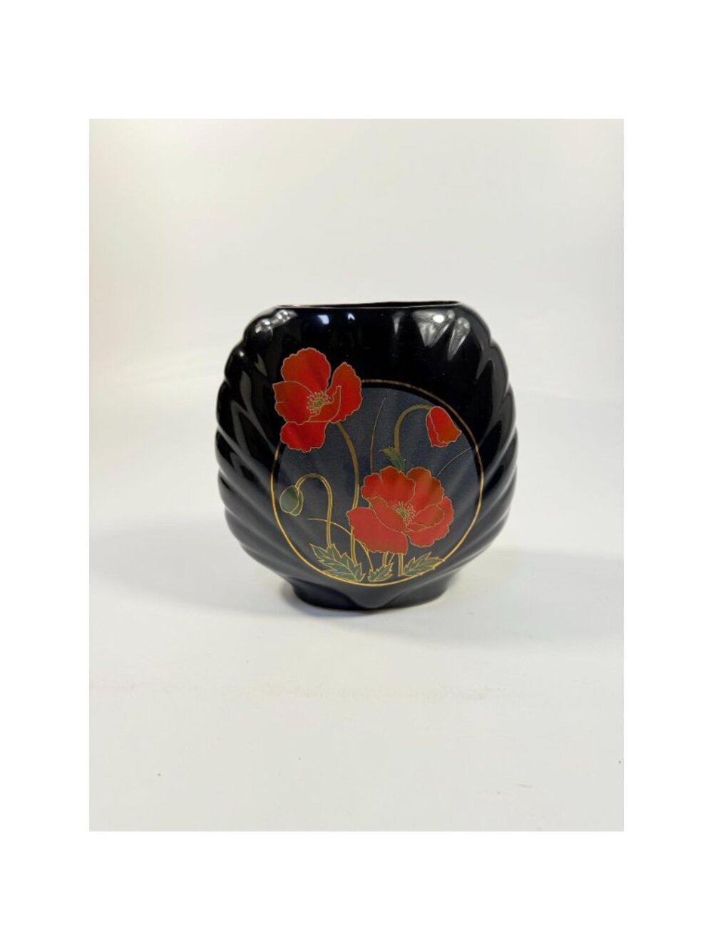 Oriental Vase Black Gloss Porcelain Red Poppies Flowers Poppy Fine China Japan 8 - Picture 2 of 16